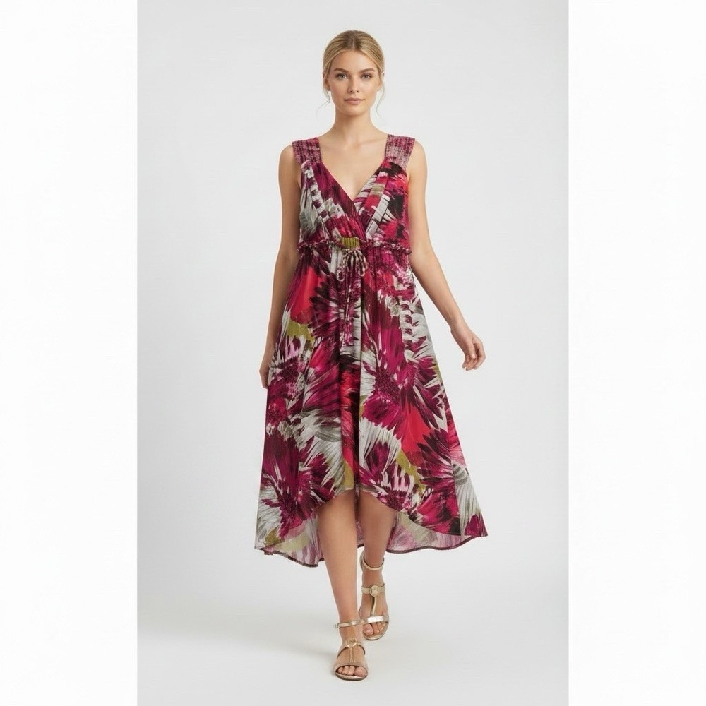 Boho Floral High-Low Maxi Dress Smocked VNeck Liquid Knit Braid Belt Cruise 16